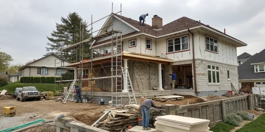 A house with a new second story being framed on top